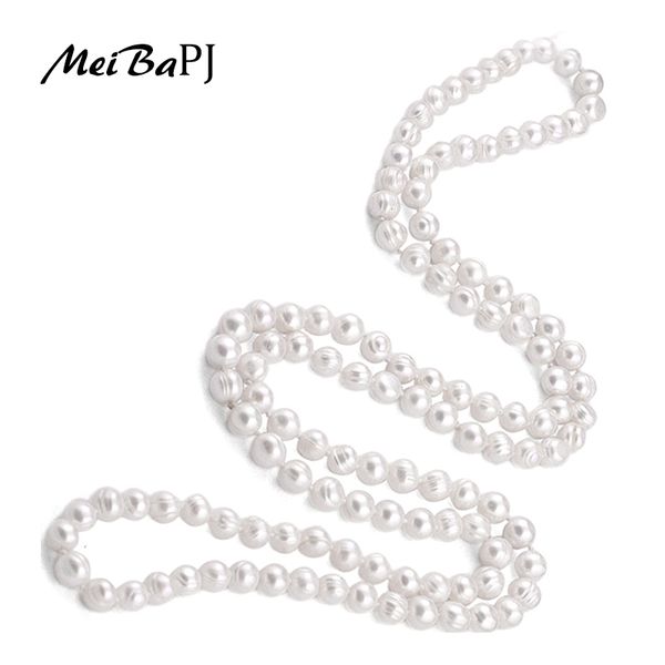 

meibapj 9-10mm size nice charm real freshwater pearl necklace for women 120cm long sweater chain white fashion jewelry xl-069, Silver