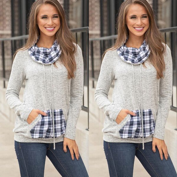 

women's winter autumn hoodie sweatshirt hooded jumper pullover coat pocket plaid belt tied, Black