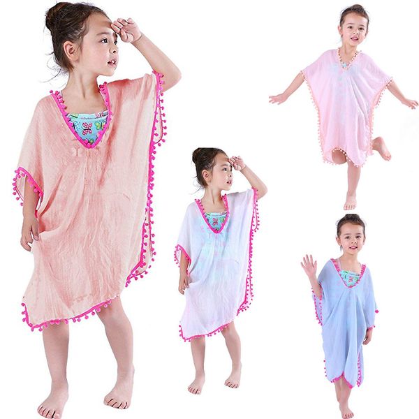 

toddler swimsuit kids baby girls cover-ups swimsuits wraps beach dress pompom tassel casual swimsuits beachwear wholesale, Blue;gray