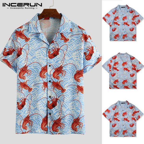 

incerun man loose short sleeve lapel shirts men lobster printed shirts summer hawaiian beach shirt casual vocation s-3xl, White;black