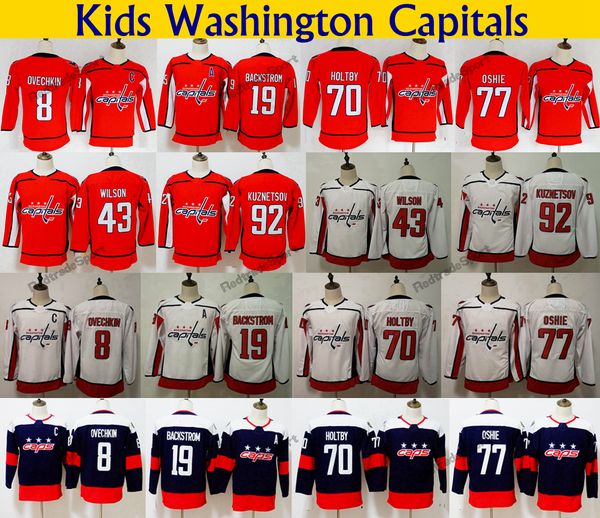 

2018 stadium series kids washington capitals 77 tj oshie 8 alex ovechkin 70 holtby 92 kuznetsov 19 backstrom 43 wilson youth hockey jerseys, Black;red