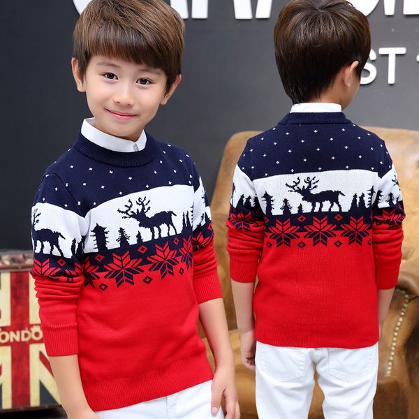 

famli christmas sweater for kids boy teenager autumn winter knitted pullover kids ribbed sweater casual full sleever print top, Blue