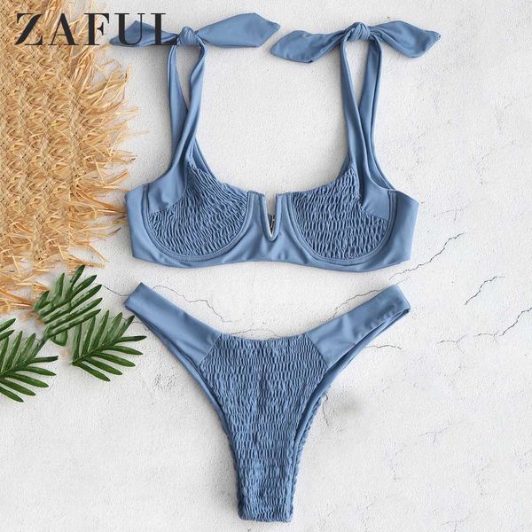 

zaful smocked tie shoulder bikini set shirred underwire v cut swimsuit scoop neck solid sweet swimwear push up bathing suit 2019