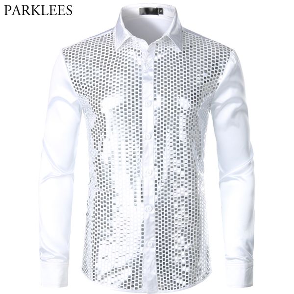 

shiny plaid sequin men shirt smooth silk white shirts mens nightclub prom disco men fashion slim fit long sleeve chemise homme, White;black