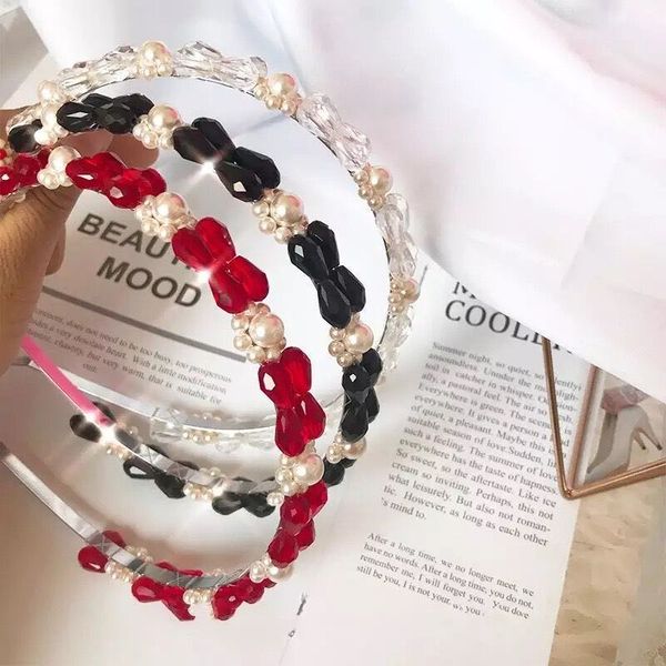 

hair band hoop headband accessories new hand-made beaded imitation pearl crystal flower hair hoop european and american fashion street shoot, Black;brown