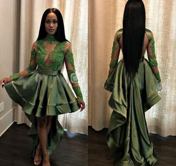 Afrika Siyah Kızlar Koyu Yeşil Uzun Gelinlik Modelleri yüksek boyun Boncuklu Aplikler Hi-Lo Illusion Geri Örgün Akşam Parti törenlerinde ile dökümlü Etek