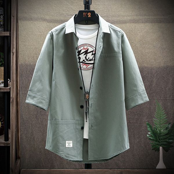 

2020 summer men's shirt 3/4 sleeve fashion korean loose loose casual jacket wild cotton tooling shirt male hip-hop streetwear, White;black