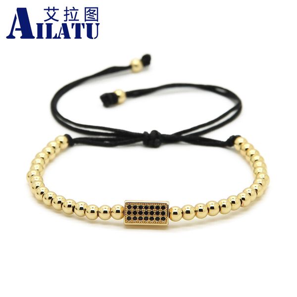 

ailatu brand men bracelets rectangle black cz beads braiding macrame bracelet with 4mm stainless steel beads, Golden;silver