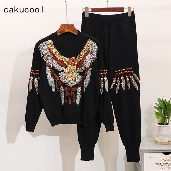 

cakucool 2019 autumn women fashion knitted two piece set streetwear casual eagle sequin beading embroid suit pantalon sets femme, White