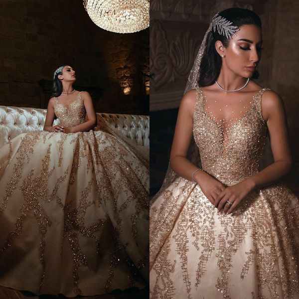 Luxuriöse Champagner-Vintage-Hochzeitskleider 2019, transparenter U-Ausschnitt, Kristalle, Perlen, Vestido de Novia, arabische Pailletten-Hochzeitskleider mit Schleier