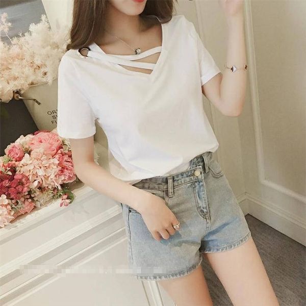 

v-neck short-sleeved t- female 2020 summer loose temperament student trend base v-neck short-sleeved t-shirt female 2020 summer lo, White