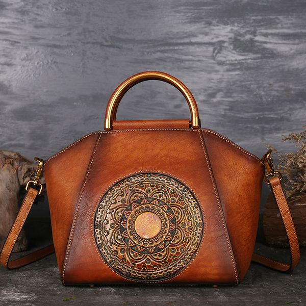 

2020fashion lady handbag totem embossed leather handbag single shoulder layer cowhide brush color restoring ancient ways tote bags wholesale