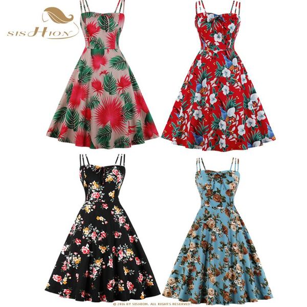 

sishion summer backless spaghetti female beach dress sp1058 cotton retro swing floral print dress plus size s-4xl, Black;gray