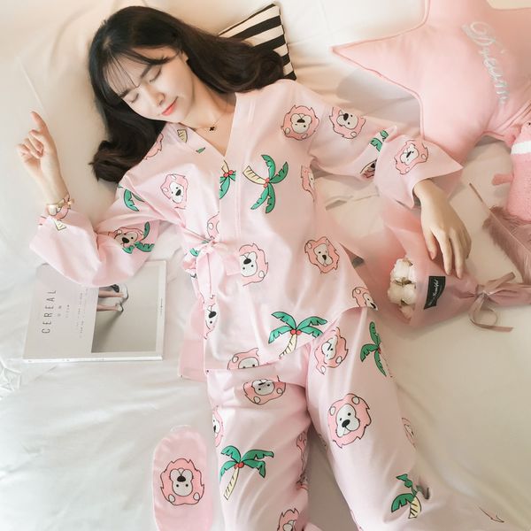 

yidanna female kimono sleep clothing long sleeved spring cartoon full v neck full length lace women sleepwear cute cotton nighty, Blue;gray