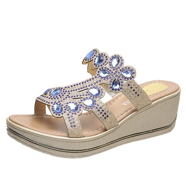 

women bohemia crystal wedges breathable thick peep toe slip-on sandals slippers shoes women shoes summer flip flop x1212, Black