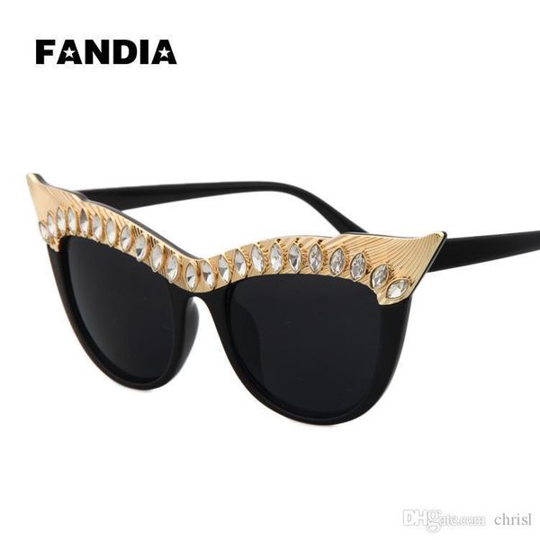 

new fashion crystal decoration women sunglasses cat eye queen style vintage designer colored diamonds eyewear wholesale, White;black