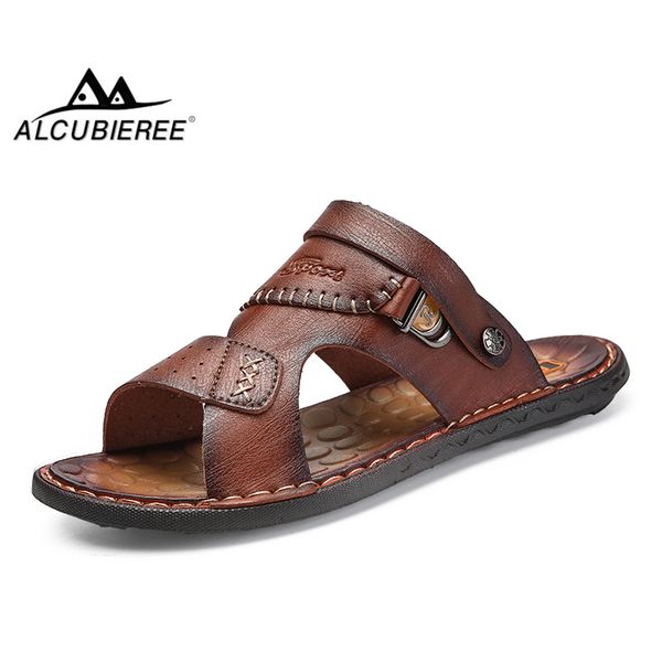 

alcubieree mens sandals leather beach shoes sandals brand men casual shoes split leather sneakers men slippers flip flops, Black