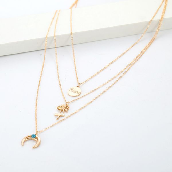 

vogue of new fund of 2020 joker metal multi-layer chain necklace, with lovely coconut trees, letter tags and the moon, Silver