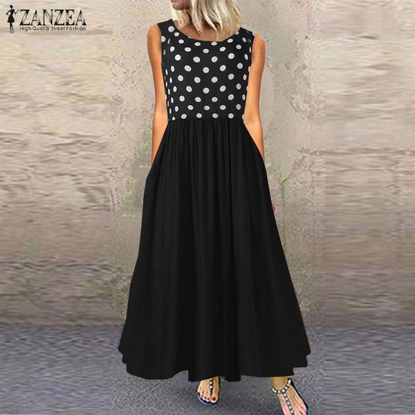

2020 zanzea summer bohemian pleated sundress fashion polka dots long dress women sleeveless party beach vestidos female robe, Black;gray