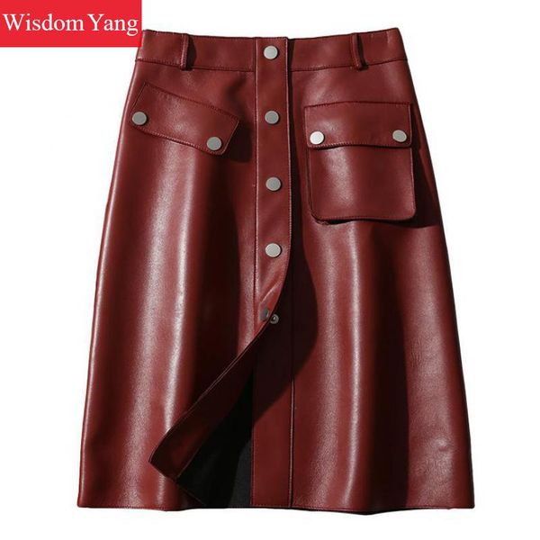 

black wine red real sheep skin genuine leather skirt high waiste midi skirts women button 2018 pockets casual party ladies aline