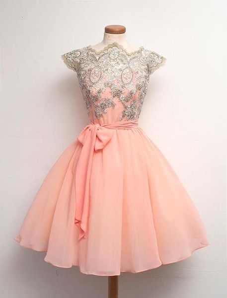 

new arrival pearl pink homecoming dresses real image a line silver lace appliqued bateau neck cap sleeve ruffles short cocktail gown, Blue;pink