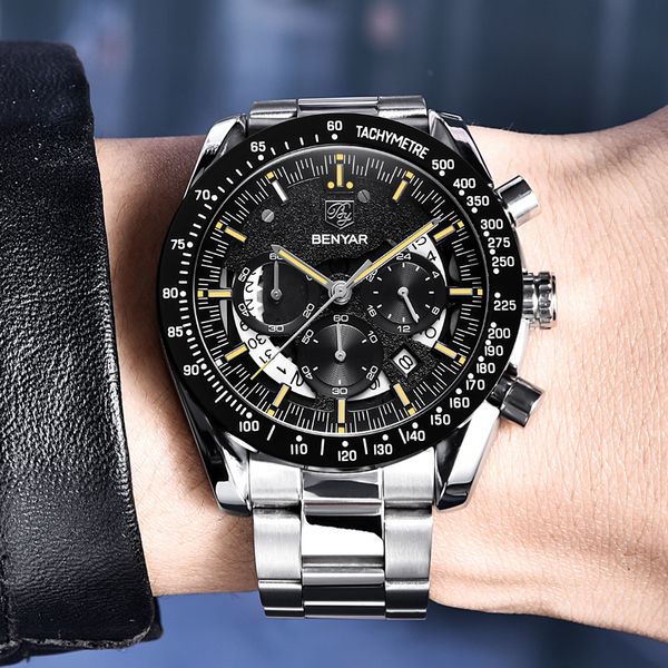 

benyar luxury brand watch men sport silicone chronograph quartz business waterproof mens watches relogio masculino, Slivery;brown