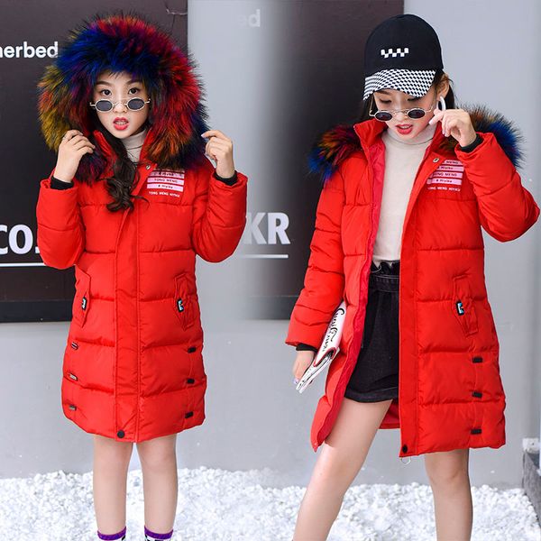 

girls clothing parka cotton-padded outerwear coats 2019 fashion winter children warm clothes multicolour fur collar jacket 3-14y, Blue;gray