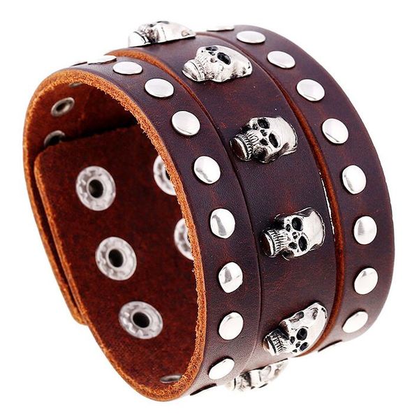 

fashion wide wristbands leather bracelets skeleton skull silver charm punk gothic rock bangle belt for men biker vintage jewelry, Golden;silver