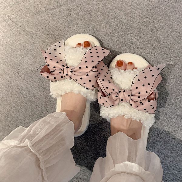 

flat shoes female butterfly-knot plush slippers for adults slides low fashion fur massage luxury with fur rubber fabric basic, Black
