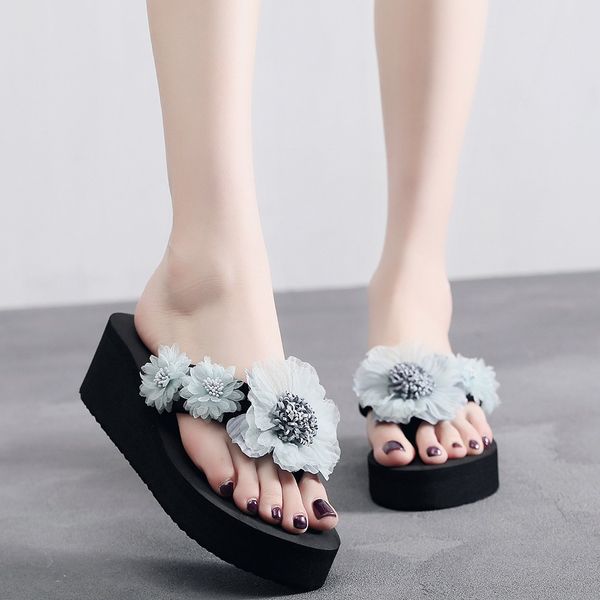

fashion flip- flop women slip-on open toe artificial flowers wedges shoes for women color chanclas mujer shoes platform sandals, Black