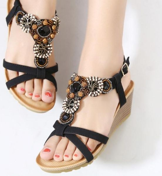 

2019 women's sandals in summer with new style middle heel slope heel water drill @13, Black