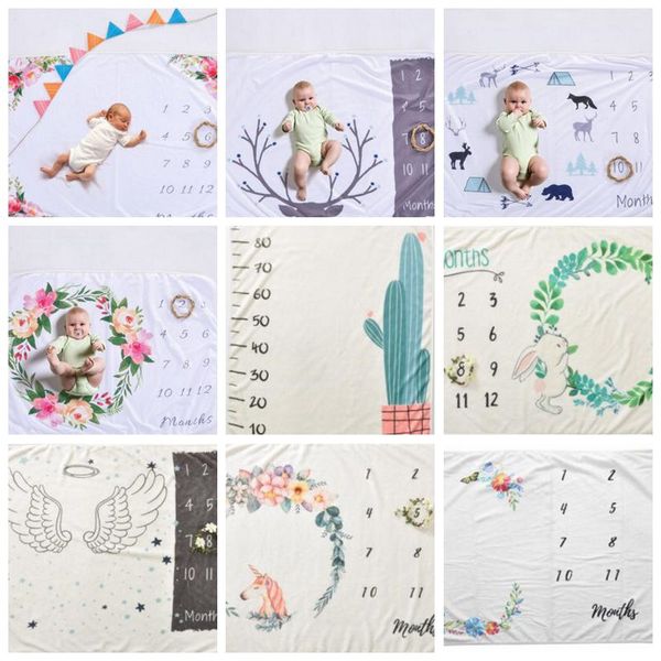 Bebê Fotografia Cobertoras Fundo Infantil Milestone Cobertor Photo Props Cartas Flor Swaddle Animais Fleece Wraps Blanket Tapetes E75