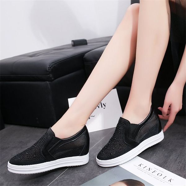 

mesh white wedge sneaker high platform hidden shoes 2019 summer new wild casual thick sole, Black;white