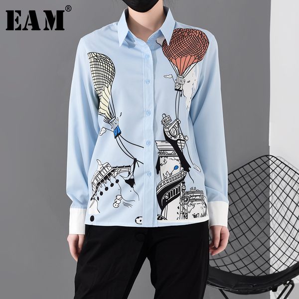 

eam] женщины синий узор печатных темперамент блузка новый лацкан с длинным рукавом свободная посадка рубашка мода весна осень 2020 jz22705, White