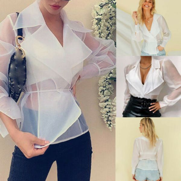 

women puff sleeve blouse lady see-through club party summer fashion long sleeve tight waist breathable women blouse, White