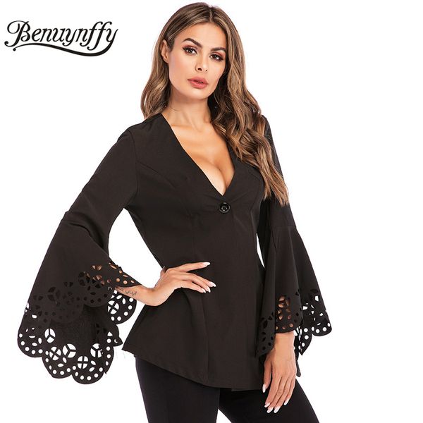 

benuynffy office lady deep v neck single button coat 2019 spring black elegant hollow out 3/4 sleeve highstreet women coats, Black;brown