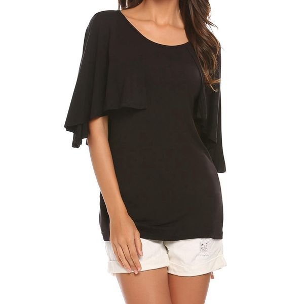 

summer ladies t-shirt bat sleeve ruffled cape casual top, White