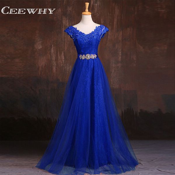 

ceewhy sleeveless lace formal dress royal blue evening dress a-line prom party crystal evening gown vestido de festa, White;black
