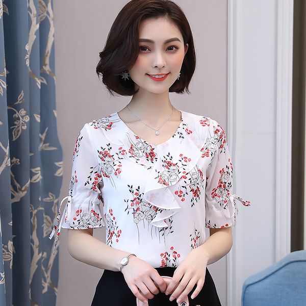 

korean fashion chiffon women blouse flare sleeve white women shirts plus size xxxl blusas femininas elegante