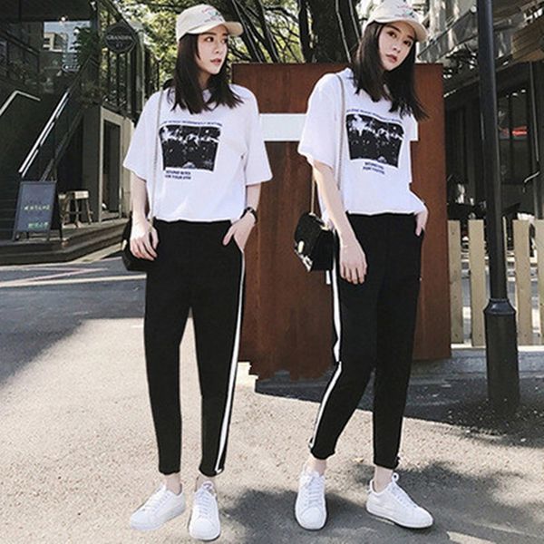 

summer women suit sets two piece office wear letter printed t shirt + striped pants casual tracksuit, White