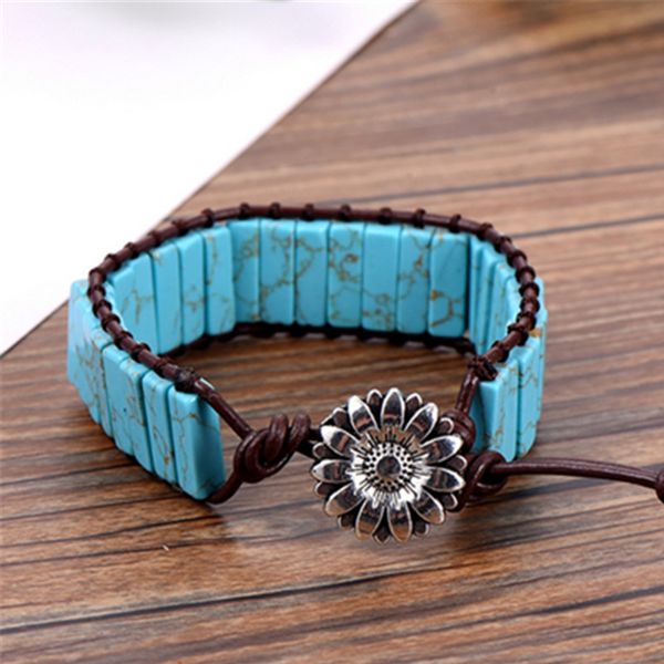 

new bohemia bracelet amazonite single vintage leather wrap bracelet semi precious stone beaded cuff dropshipping, Black
