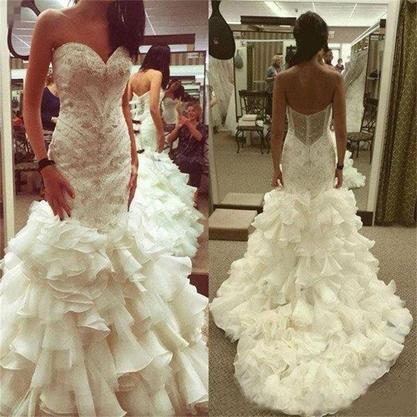 

2020 luxury white elegant wedding dress mermaid plus size crystals bride dresses backless strapless bridal party wear ruffles skirt