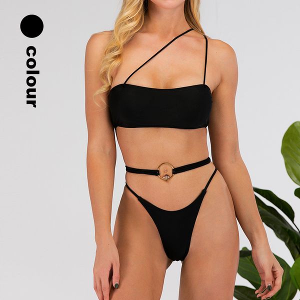 

one shoulder strap bikinis set thong high cut swimwear women solid black string ring belted swimsuit feamle 2020 bathers, White;black