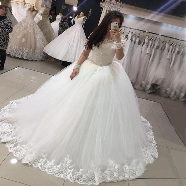 

великолепные дубайские свадебные платья с длинными рукавами новые бисерные аппликации пышное тюлевое бальное платье свадебное платье robe de, White