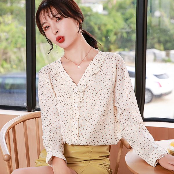 

2019 new autumn fashion women shirts ruffles chiffon brim super blouse shirt apricot 9313, White