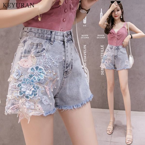 

summer 2019 female womens high waisted vintage ripped hole embroidery denim shorts woman beading pearls tassel jeans shorts 3394, White;black