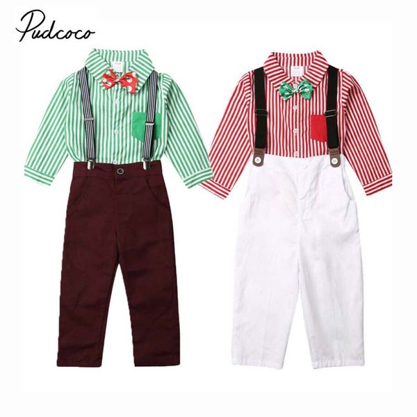 

2019 brand kids baby boys christmas suit stripe printing shirt+suspender pants outfits set autumn school suit set for boys, White