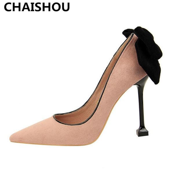 

chaishou women 10cm high heels banquet scarpin pumps ladies pointed toe butterfly-knot red nude heels female shoesf-180, Black