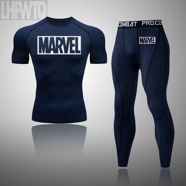 

men running compression short sleeve t shirt suits jogging tracksuit set male gym fitness training sportswear tees leggings, Black;blue