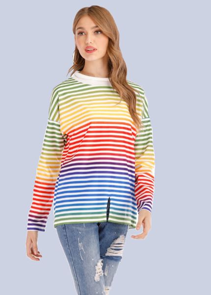 

2019 new women's long-sleeved round neck split fork color striped sweater women spot, Black